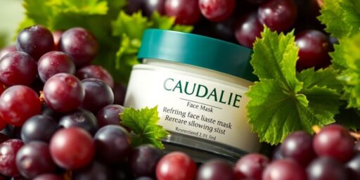 Caudalie face mask jar with grapes and green leaves.
