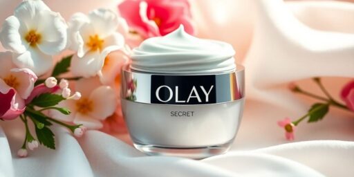 Olay cream jar with flowers on a soft fabric.