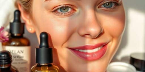Radiant skin with skincare products in a soft light.