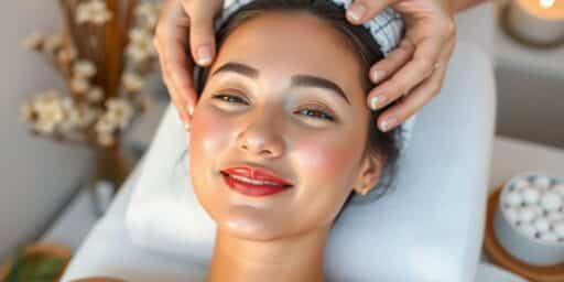 Woman enjoying a Korean Glass Skin facial treatment in a spa.