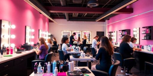Students learning beauty techniques in a vibrant classroom.