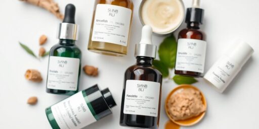 Korean skincare products for treating hyperpigmentation displayed.