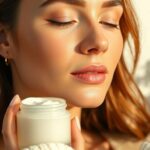 Woman applying cream, surrounded by natural skincare products.