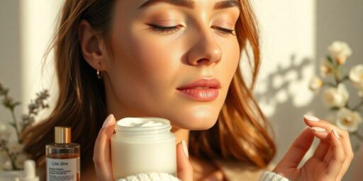 Woman applying cream, surrounded by natural skincare products.