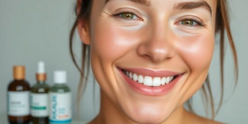 Woman with glowing skin and skincare products in background.