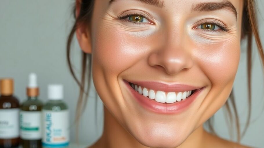 Woman with glowing skin and skincare products in background.