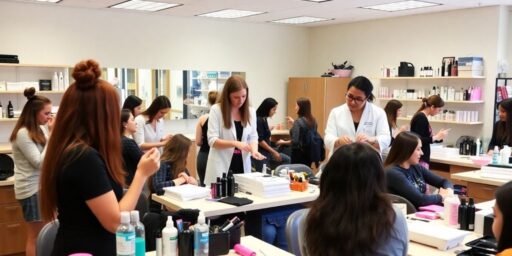 Students practicing aesthetic techniques in a beauty classroom.