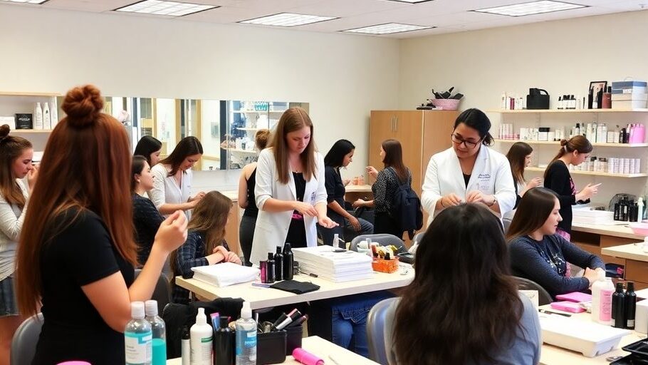 Students practicing aesthetic techniques in a beauty classroom.