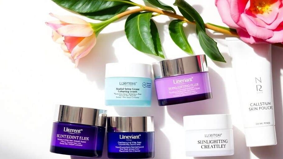 Flat lay of skin lightening creams with flowers.