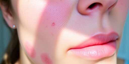 Blotchy skin on a person's face in natural light.
