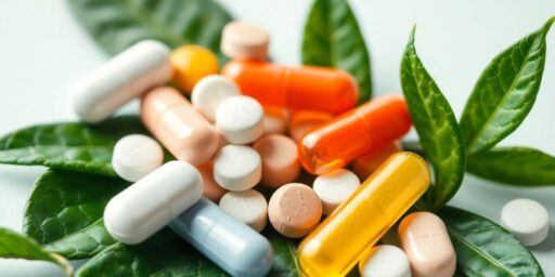 Assorted antibiotics pills with green leaves for acne treatment.