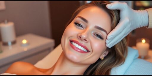 Woman with glowing skin enjoying a spa treatment.
