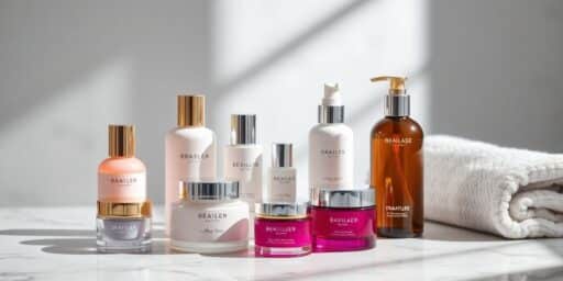 Elegant skin care set on marble surface with soft lighting.