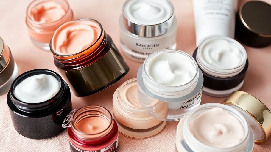 Various skin care creams in elegant jars and tubes.