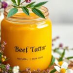 Golden beef tallow jar with herbs and flowers.