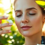 Woman applying cream for timeless skincare in nature.